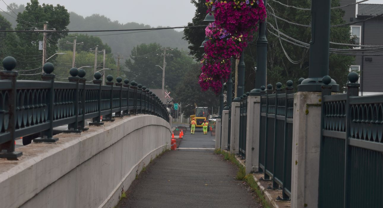Image looking east along the bridge at the east end of Main Street in Antigonish, Nova Scotia