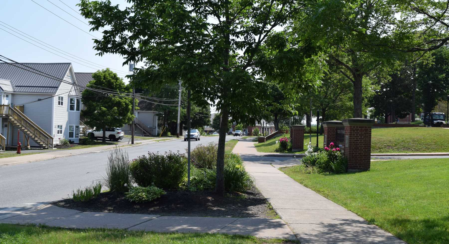 Image showing existing sidewalk on St. Ninian Street looking east from the intersection near Cairn Park