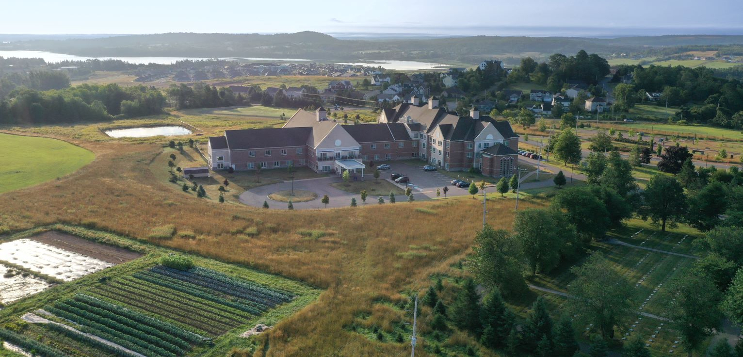Aerial image showing Parkland residence and nearby gardens at the Sisters of St. Martha community in Antigonish, Nova Scotia