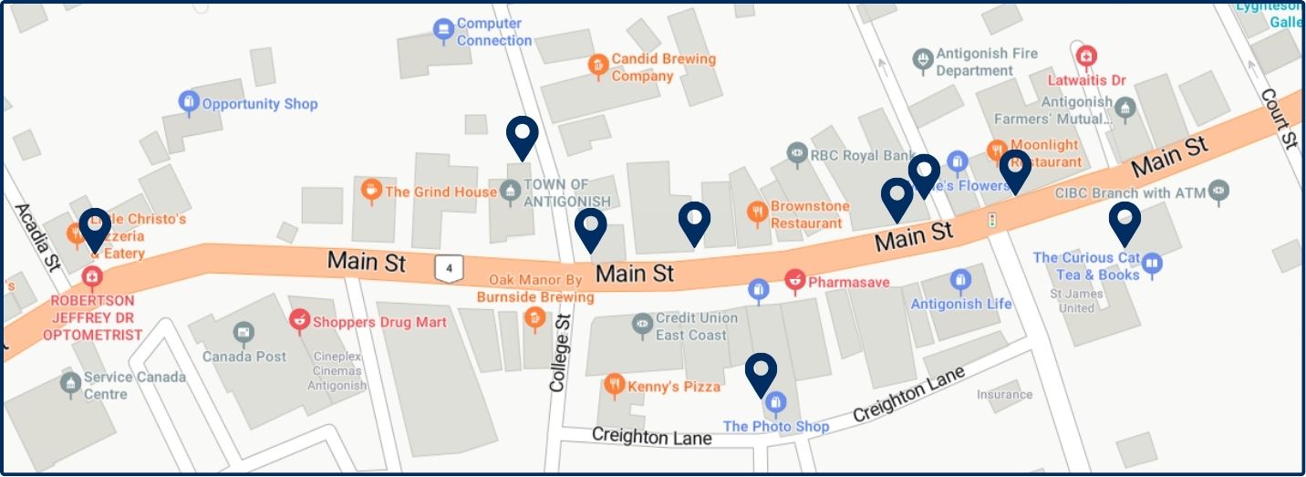 Main Street Antigonish showing locations of town murals